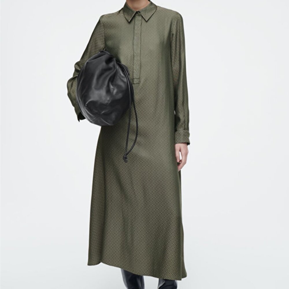 COS HERRINGBONE MAXI SHIRT DRESS IN KHAKI